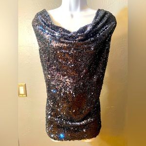 CALVIN KLIEN Black Sleeveless Sequin Cowl  Neck Top